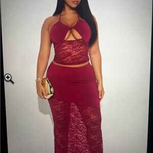 Fashion Nova Burgundy Lace Skirt Set